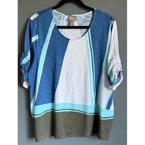 Chico's Top Women Size 3 US XL Multicolor Abstract Print Ruche Sleeve Scoop Neck